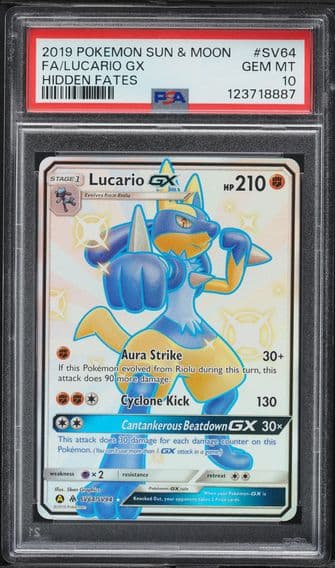 2019 #SV64 Full Art/Lucario GX PSA 10 Sun & Moon Hidden Fates Pokemon