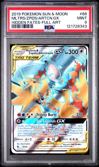 2019 #66 Full Art/Moltres & Zapdos & Articuno GX PSA 9 Sun & Moon Hidden Fates Pokemon