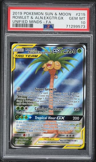 2019 #215 Full Art/Rowlet & Alolan Exeggutor GX PSA 10 Sun & Moon Unified Minds Pokemon