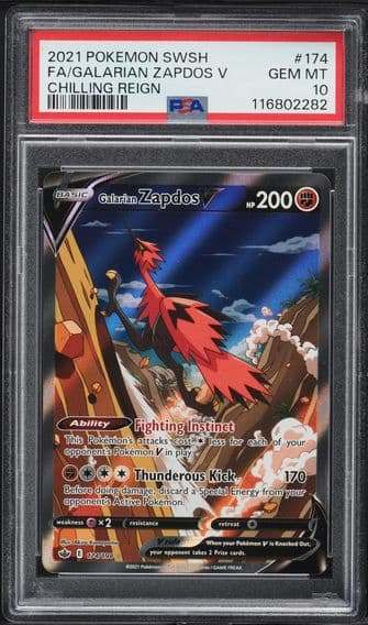 2021 #174 Full Art/Galarian Zapdos V PSA 10 Sword & Shield Chilling Reign Pokemon