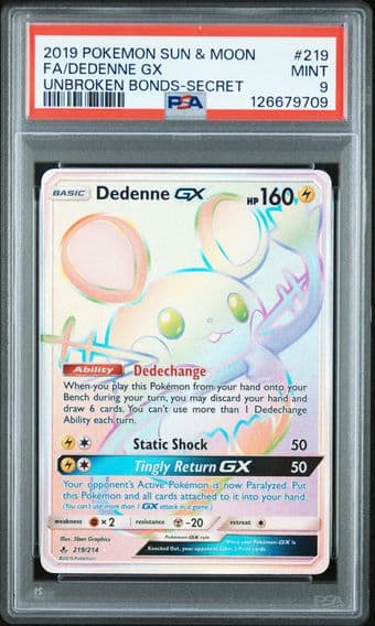 2019 #219 Full Art/Dedenne GX PSA 9 Sun & Moon Unbroken Bonds Pokemon