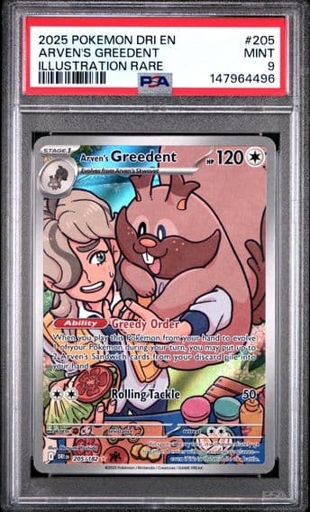 2025 #205 Arven's Greedent PSA 9 Dri EN-Destined Rivals Pokemon