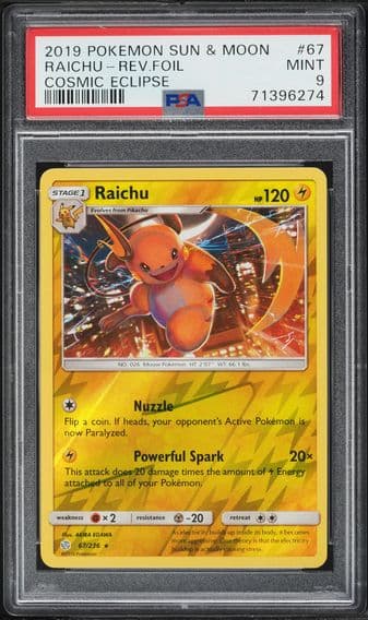 2019 #67 Raichu-Reverse Foil PSA 9 Sun & Moon Cosmic Eclipse Pokemon
