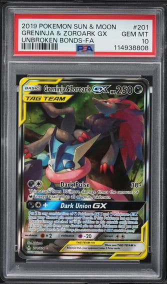 2019 #201 Full Art/Greninja & Zoroark GX PSA 10 Sun & Moon Unbroken Bonds Pokemon