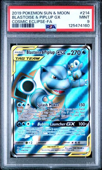 2019 #214 Full Art/Blastoise & Piplup GX PSA 9 Sun & Moon Cosmic Eclipse Pokemon