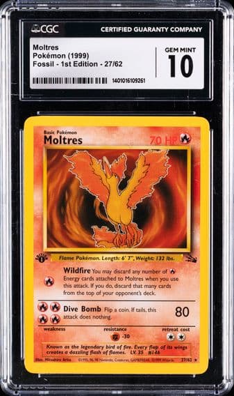 1999 #27 Moltres 1st Edition CGC 10 Fossil Pokemon
