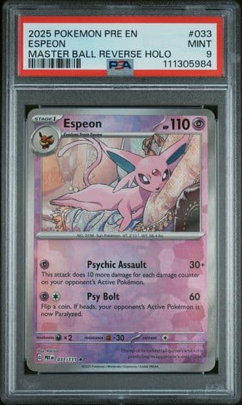2025 #033 Espeon Master Ball Reverse Holo PSA 9 Pre EN-Prismatic Evolutions Pokemon