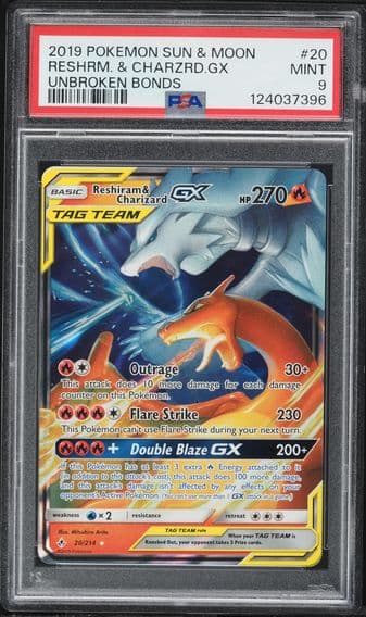 2019 #20 Reshiram & Charizard GX PSA 9 Sun & Moon Unbroken Bonds Pokemon
