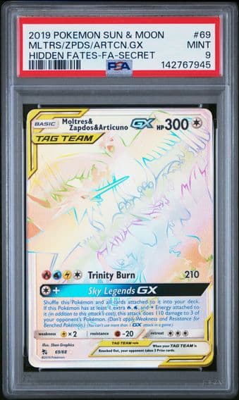 2019 #69 Full Art/Moltres & Zapdos & Articuno GX PSA 9 Sun & Moon Hidden Fates Pokemon
