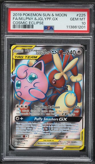 2019 #225 Full Art/Mega Lopunny & Jigglypuff GX PSA 10 Sun & Moon Cosmic Eclipse Pokemon