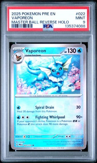 2025 #022 Vaporeon Master Ball Reverse Holo PSA 9 Pre EN-Prismatic Evolutions Pokemon