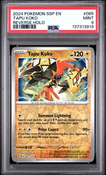2024 #065 Tapu Koko Reverse Holo PSA 9 Ssp EN-Surging Sparks Pokemon