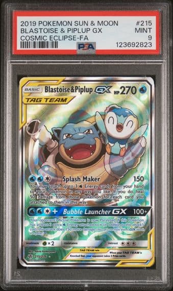 2019 #215 Full Art/Blastoise & Piplup GX PSA 9 Sun & Moon Cosmic Eclipse Pokemon