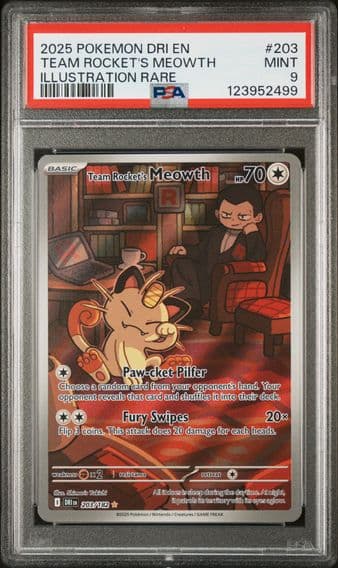 2025 #203 Team Rocket's Meowth PSA 9 Dri EN-Destined Rivals Pokemon