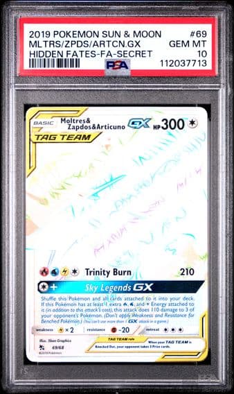 2019 #69 Full Art/Moltres & Zapdos & Articuno GX PSA 10 Sun & Moon Hidden Fates Pokemon