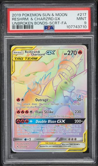 2019 #217 Full Art/Reshiram & Charizard GX PSA 9 Sun & Moon Unbroken Bonds Pokemon