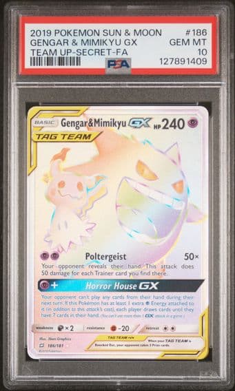 2019 #186 Full Art/Gengar & Mimikyu GX PSA 10 Sun & Moon Team Up Pokemon