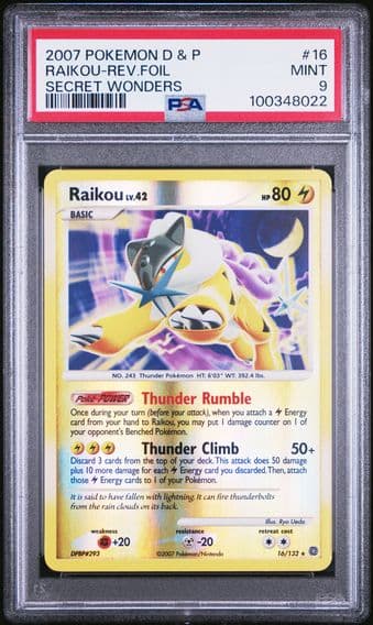 2007 #16 Raikou-Reverse Foil PSA 9 Diamond & Pearl Secret Wonders Pokemon