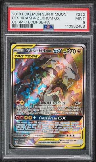 2019 #222 Full Art/Reshiram & Zekrom GX PSA 9 Sun & Moon Cosmic Eclipse Pokemon