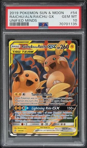 2019 #54 SUN & MOON UNIFIED MINDS RAICHU & ALOLAN RAICHU GX PSA 10 POKEMON