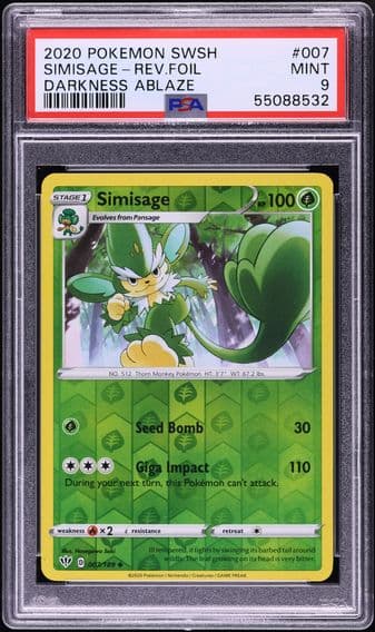 2020 #007 Simisage PSA 9 Pokemon Sword & Shield Darkness Ablaze Reverse Holo