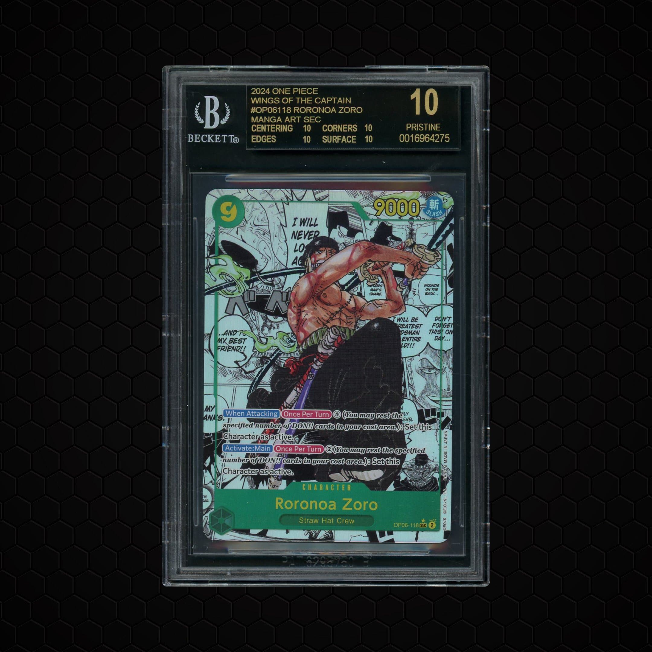 2024 Wings of the Captain Manga Alt. Art Roronoa Zoro #OP06-118 BGS 10 Black Label