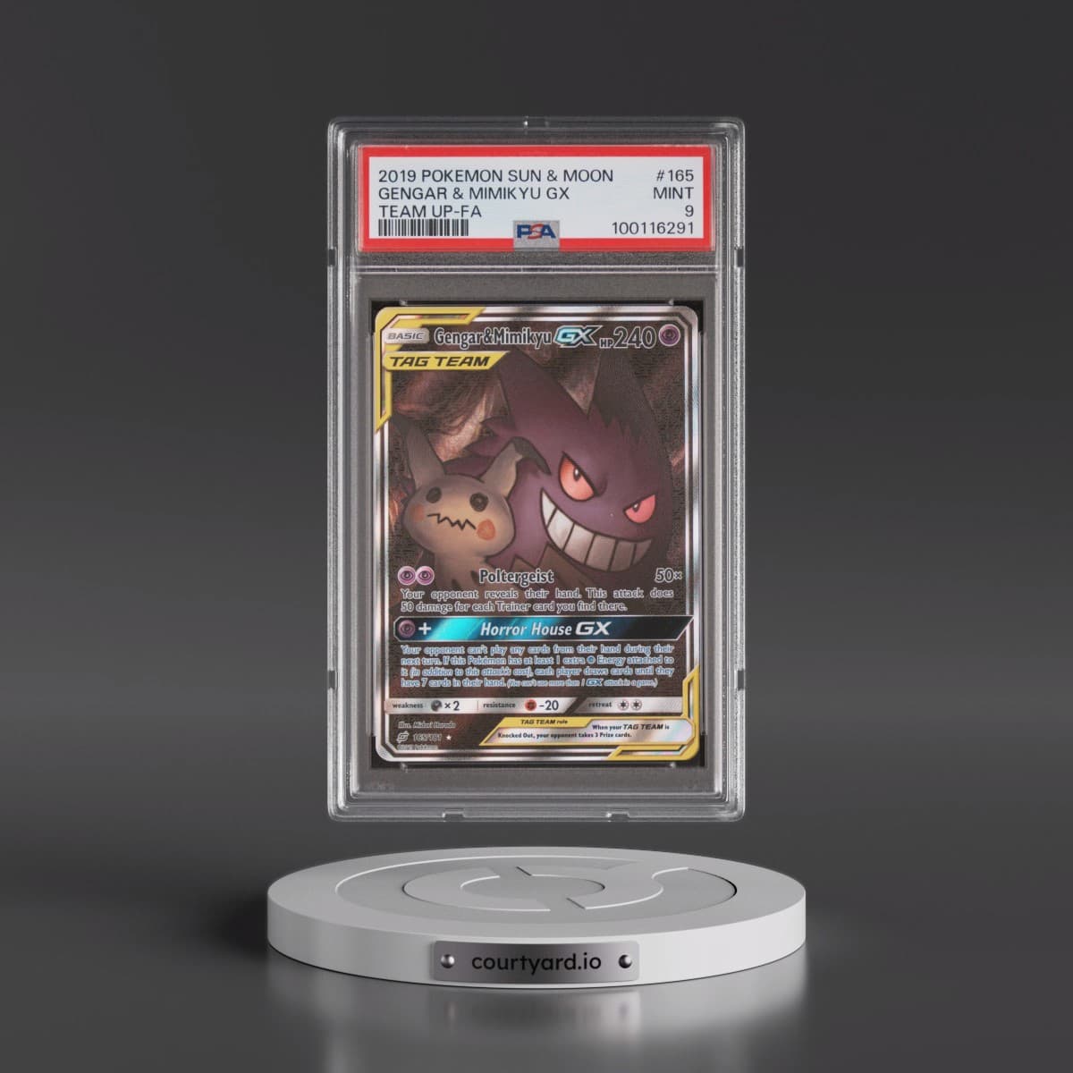 2019 Pokémon Sun & Moon Team Up #165 Gengar & Mimikyu GX - Holo Full Art (PSA 9 MINT)