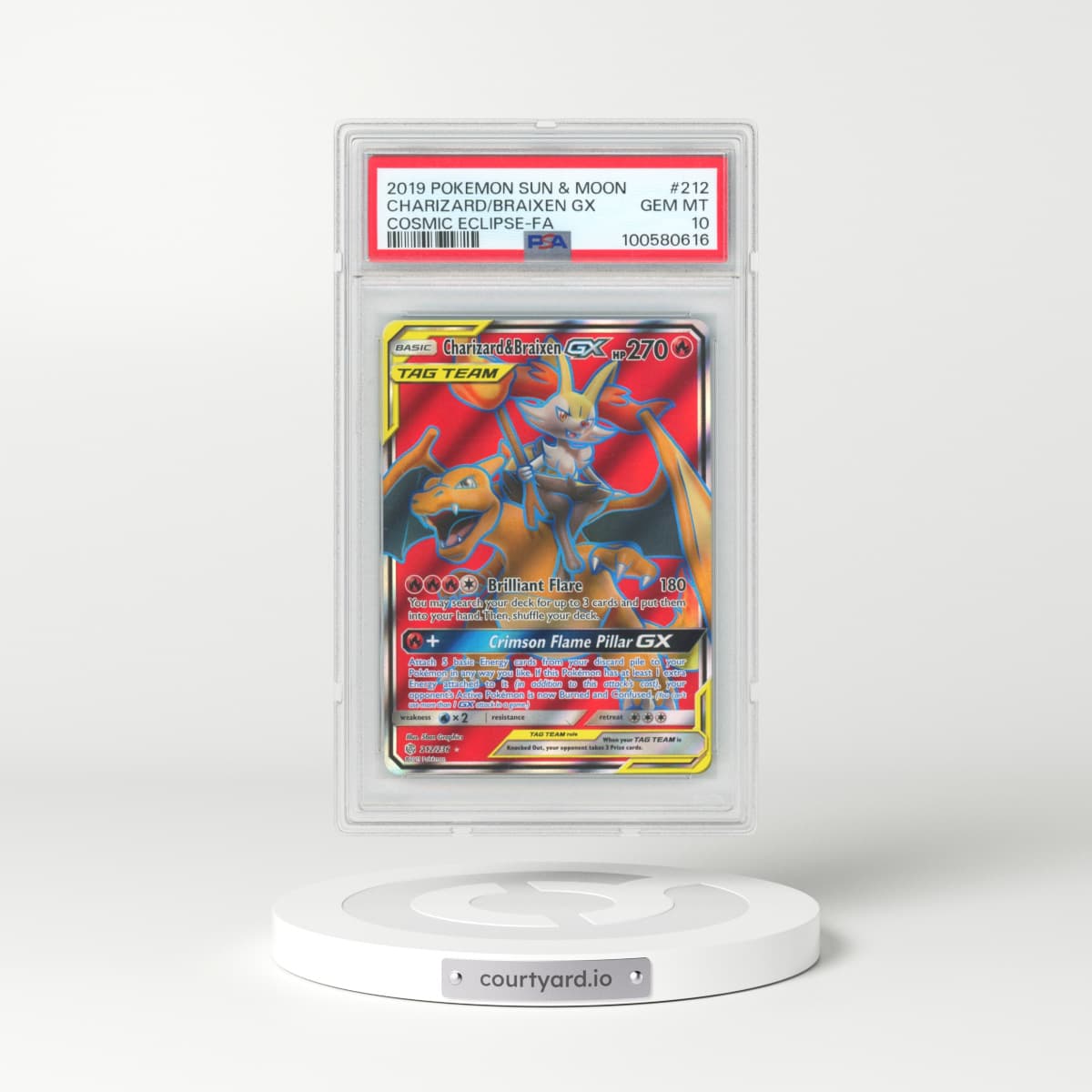 2019 Pokémon Sun & Moon Cosmic Eclipse #212 Charizard & Braixen GX - Holo Full Art (PSA 10 GEM MINT)