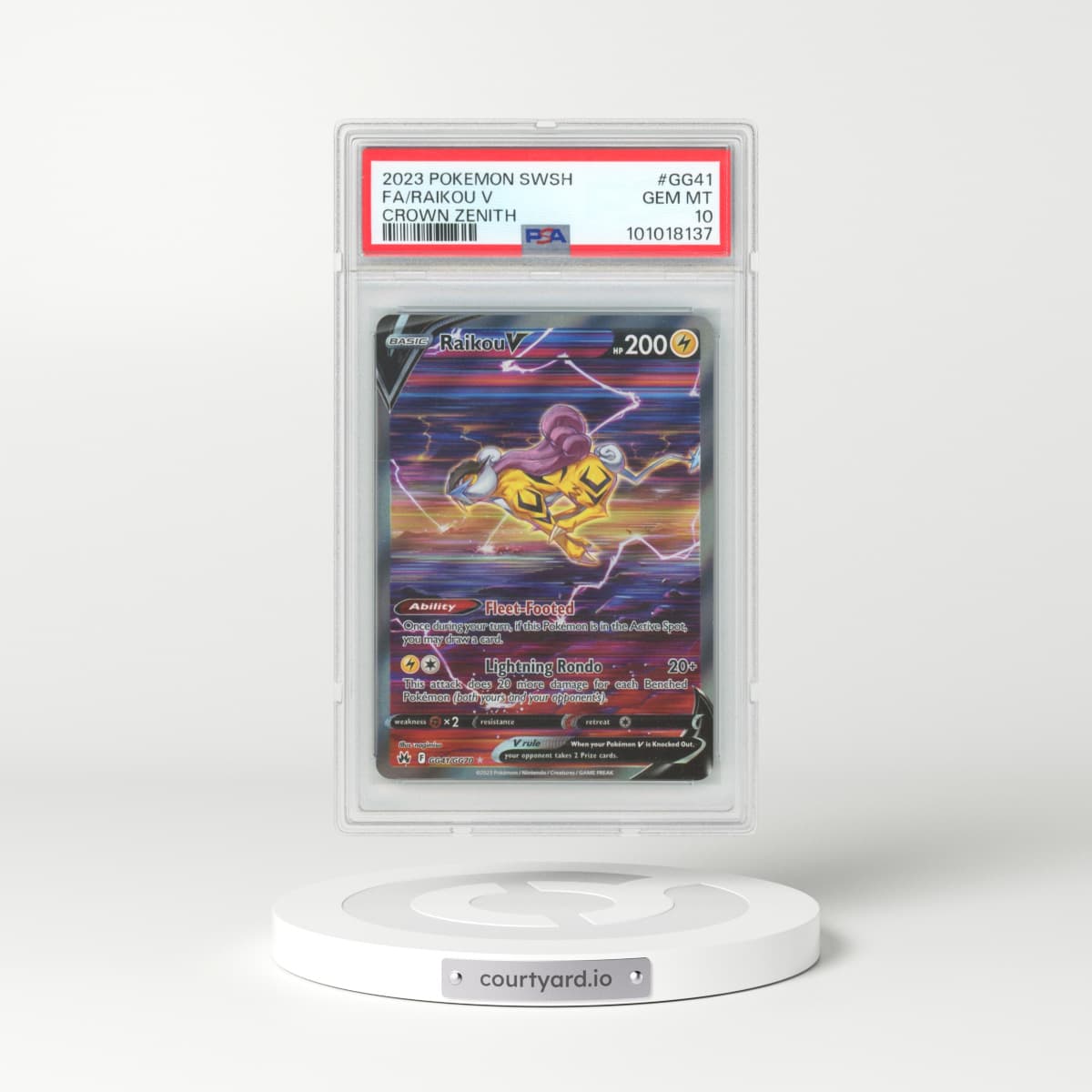 2023 Pokémon Sword and Shield Crown Zenith #GG41 Raikou V - Holo Full Art (PSA 10 GEM MINT)