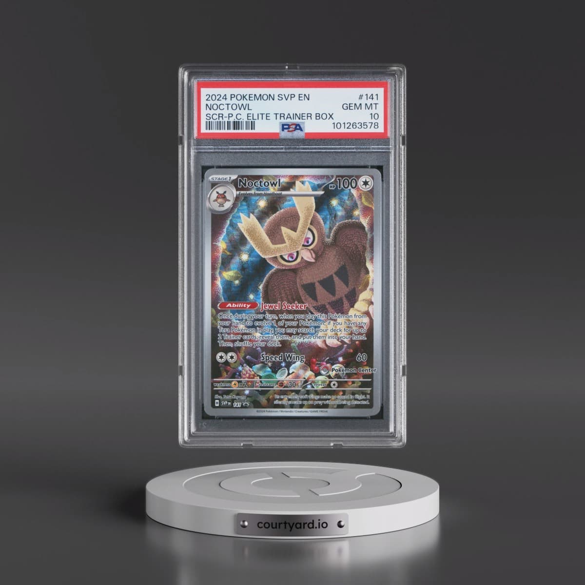 2024 Pokémon Svp EN-SV Black Star Promo #141 Noctowl - Stellar Crown Pokemon Center Elite Trainer Box (PSA 10 GEM MINT)