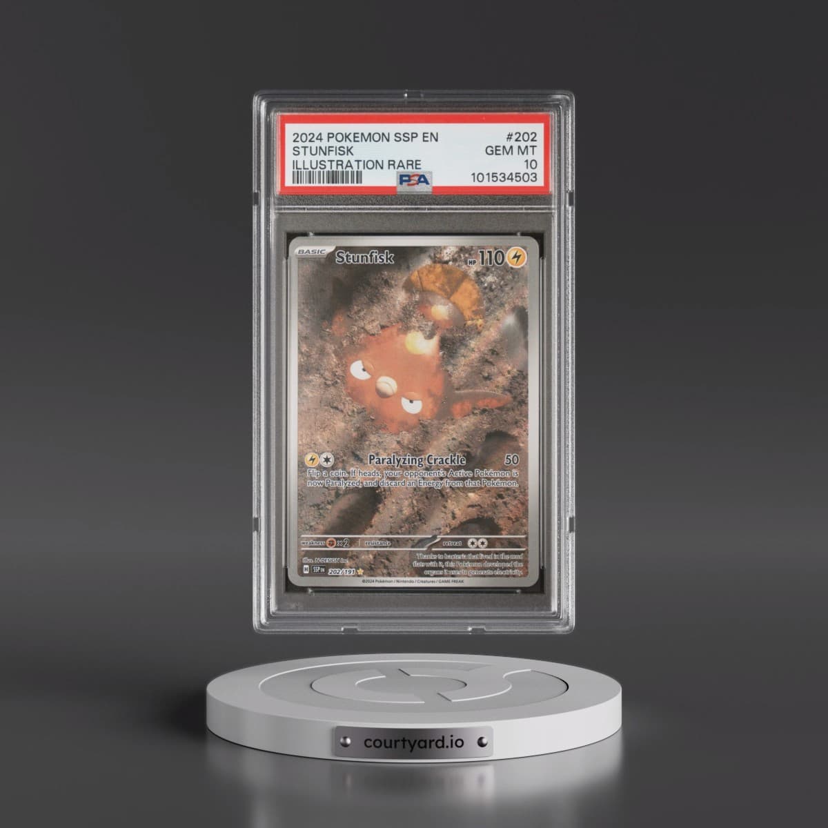 2024 Pokémon Ssp EN-Surging Sparks #202 Stunfisk - Illustration Rare (PSA 10 GEM MINT)