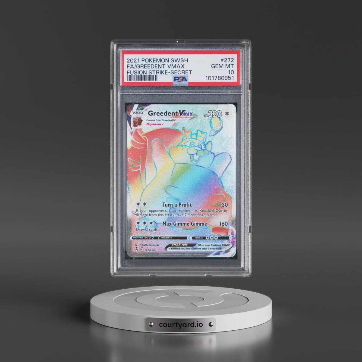 2021 Pokémon Sword & Shield Fusion Strike #272 Greedent Vmax - Full Art Secret (PSA 10 GEM MINT)