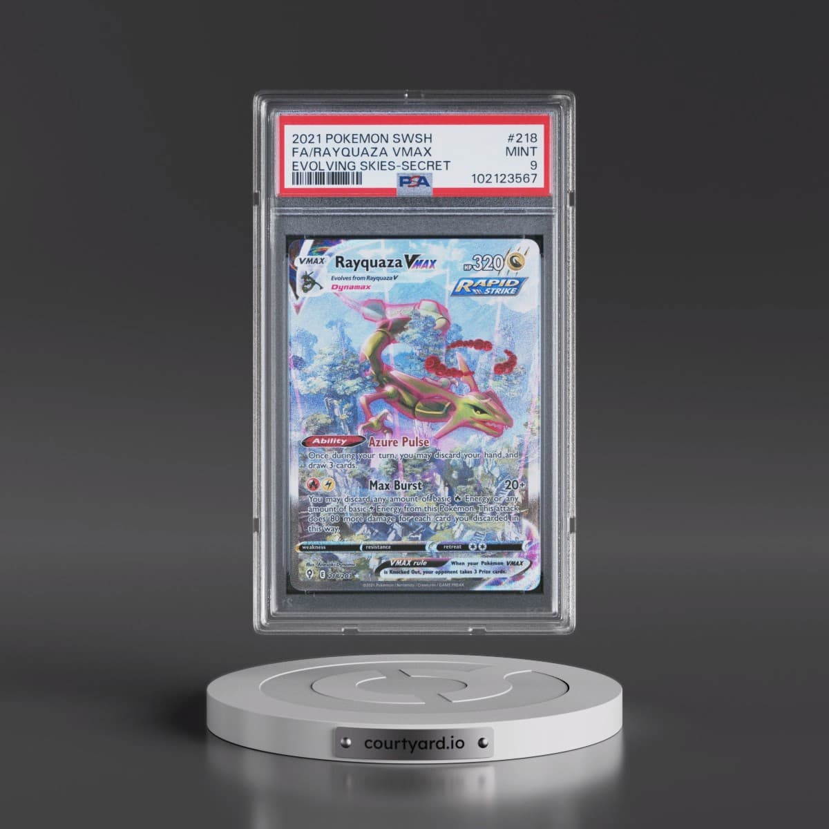 2021 Pokémon Sword & Shield Evolving Skies #218 Rayquaza Vmax - Full Art Secret (PSA 9 MINT)