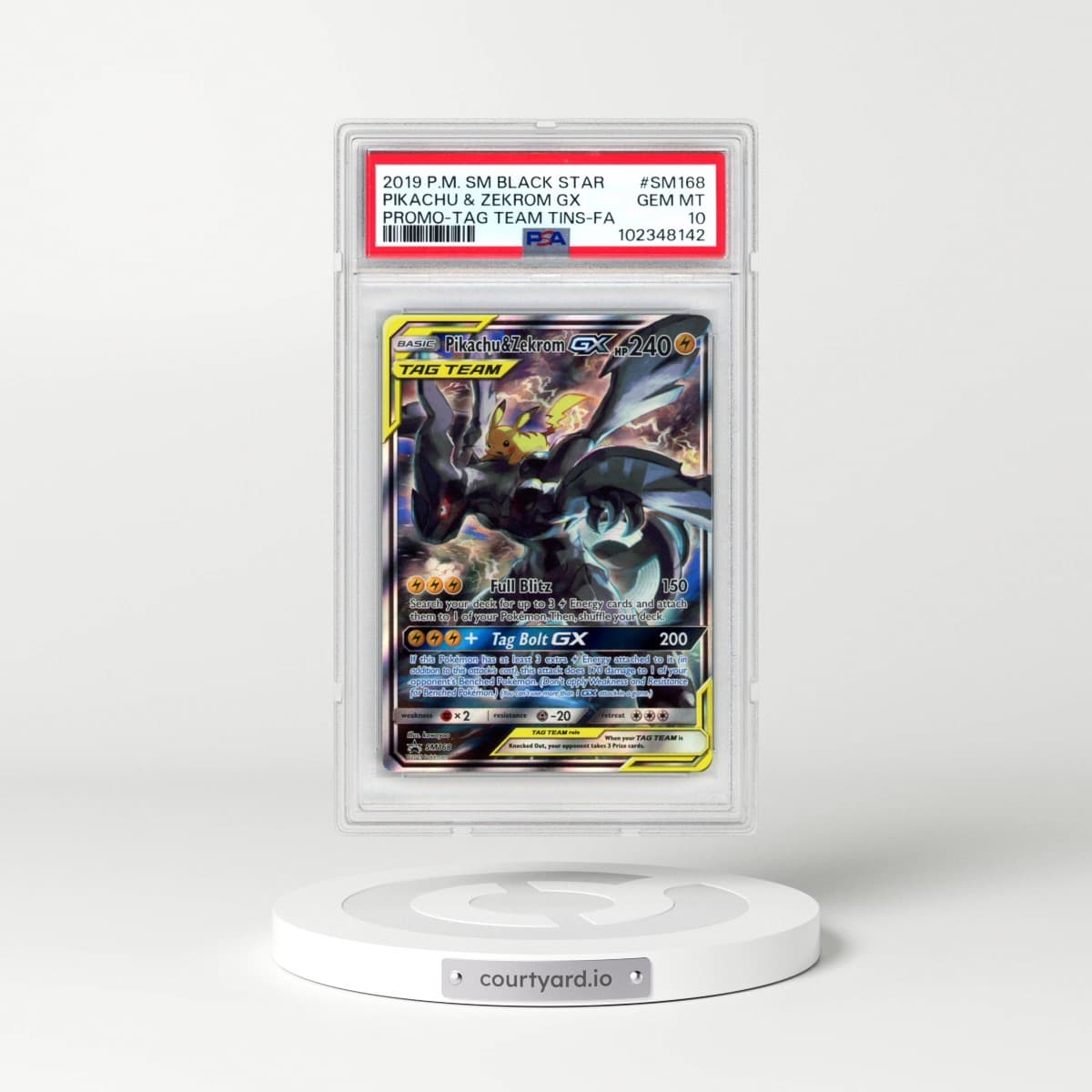 2019 Pokémon SM Black Star Promo #SM168 Pikachu & Zekrom GX - Holo Full Art Tag Team Tins (PSA 10 GEM MINT)