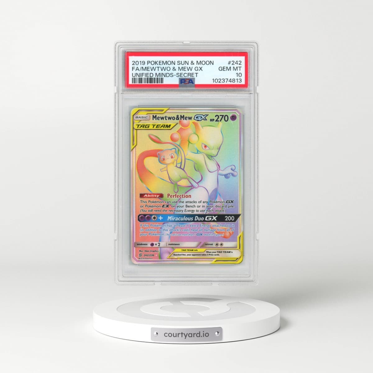 2019 Pokémon Sun & Moon Unified Minds #242 Mewtwo & Mew GX - Holo Full Art Secret (PSA 10 GEM MINT)