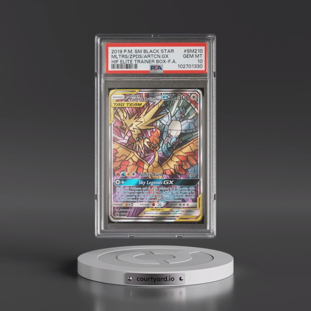 2019 Pokémon SM Black Star Promo #SM210 Moltres & Zapdos & Articuno GX - Holo Full Art Hidden Fates Elite Trainer Box (PSA 10 GEM MINT)