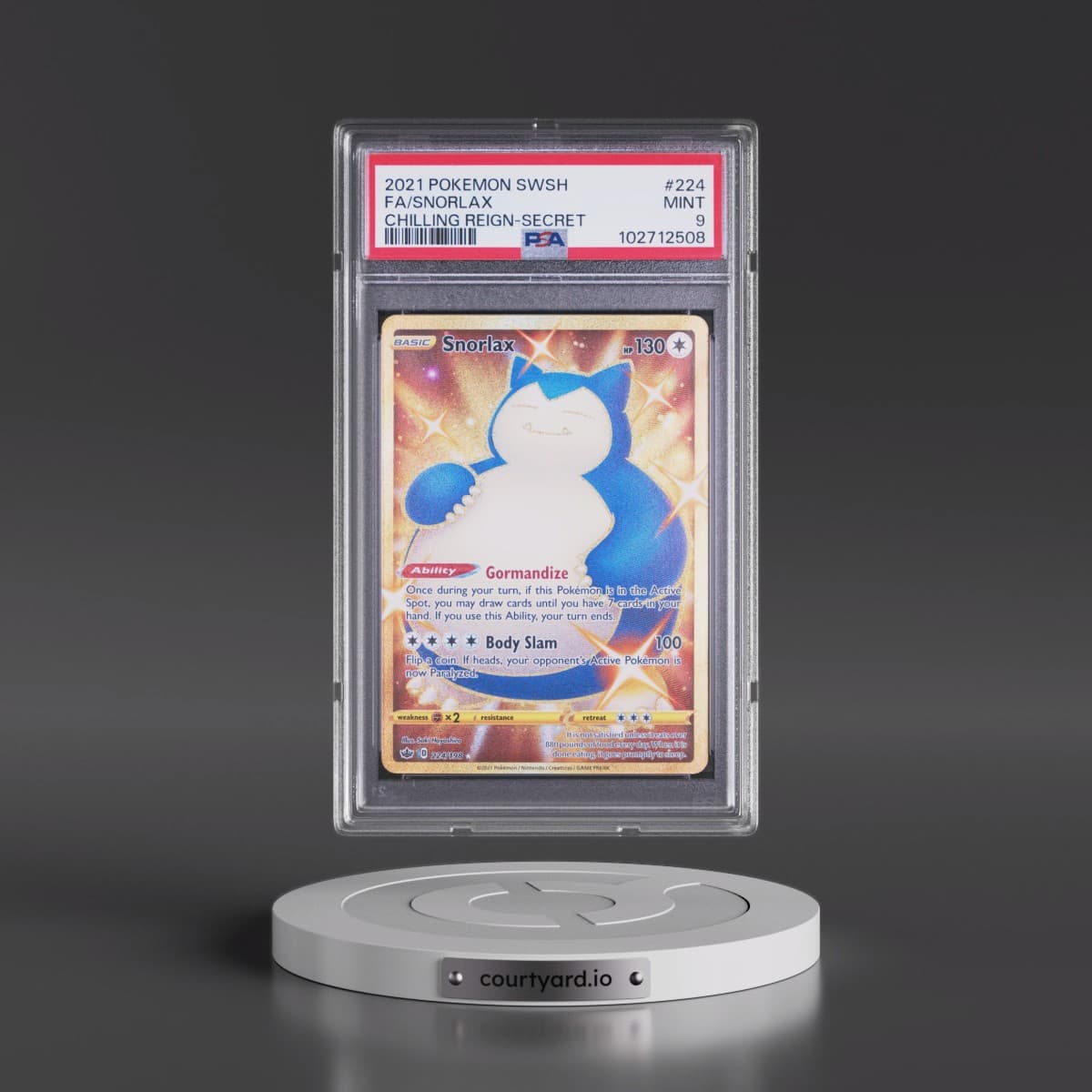 2021 Pokémon Sword & Shield Chilling Reign #224 Snorlax - Full Art Secret (PSA 9 MINT)