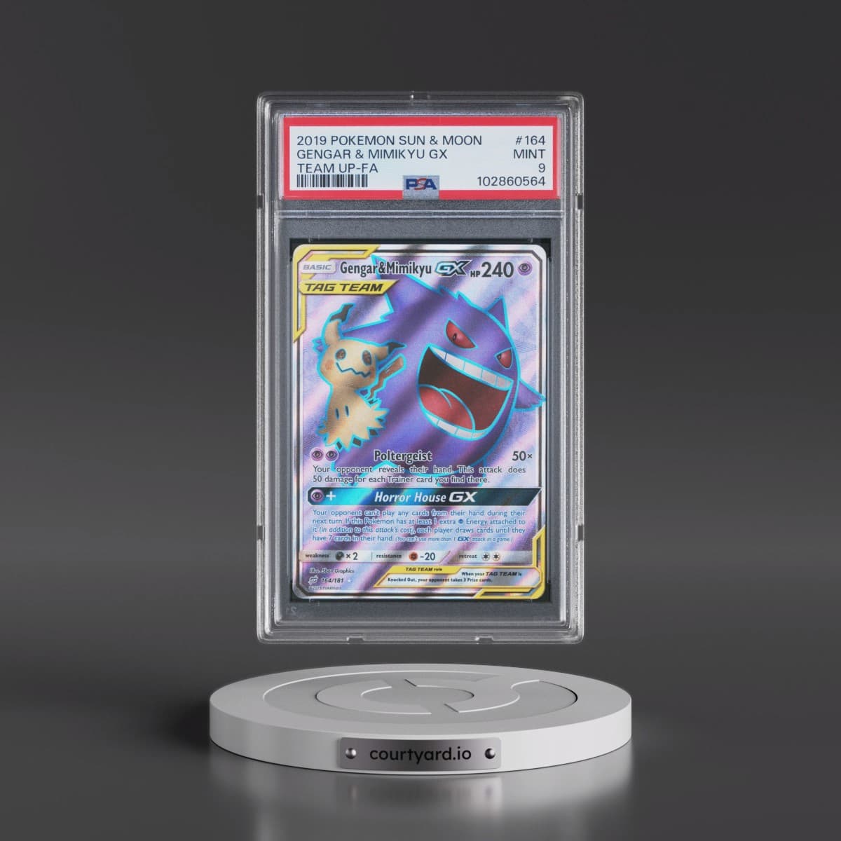 2019 Pokémon Sun & Moon Team Up #164 Gengar & Mimikyu GX - Holo Full Art (PSA 9 MINT)