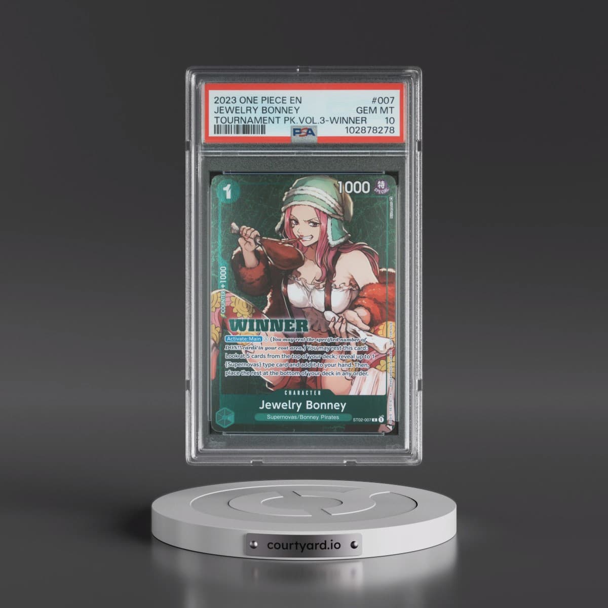 2023 One Piece Promos #007 Jewelry Bonney - Tournament Pack Vol.3-Winner (PSA 10 GEM MINT)