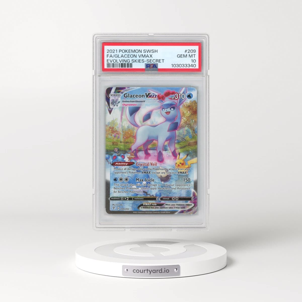 2021 Pokémon Sword & Shield Evolving Skies #209 Glaceon Vmax - Full Art Secret (PSA 10 GEM MINT)