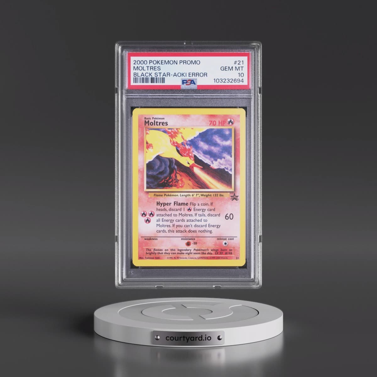 2000 Pokémon Promo Black Star #21 Moltres - Toshinao Aoki Error (PSA 10 GEM MINT)