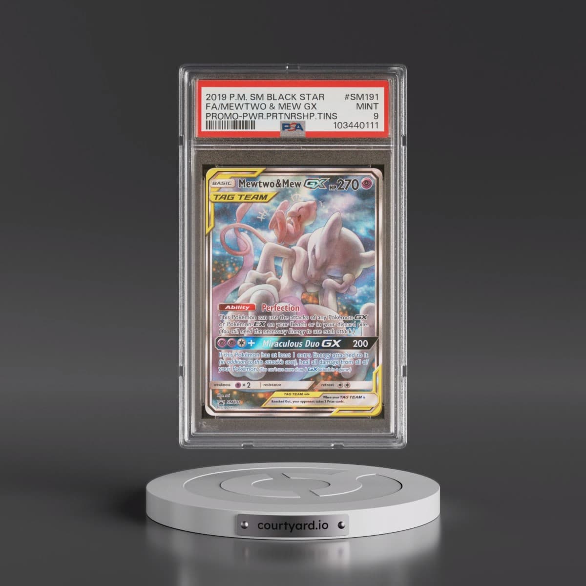 2019 Pokémon SM Black Star Promo #SM191 Mewtwo & Mew GX - Holo Full Art Power Partnership Tins (PSA 9 MINT)