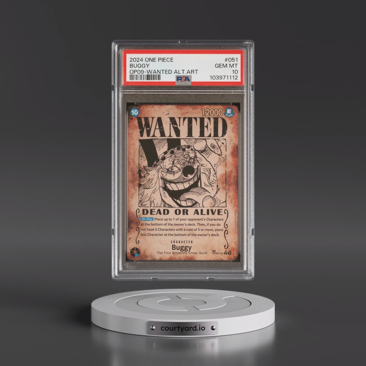 2024 One Piece OP09-Emperors in the New World #051 Buggy - Wanted Alternate Art (PSA 10 GEM MINT)