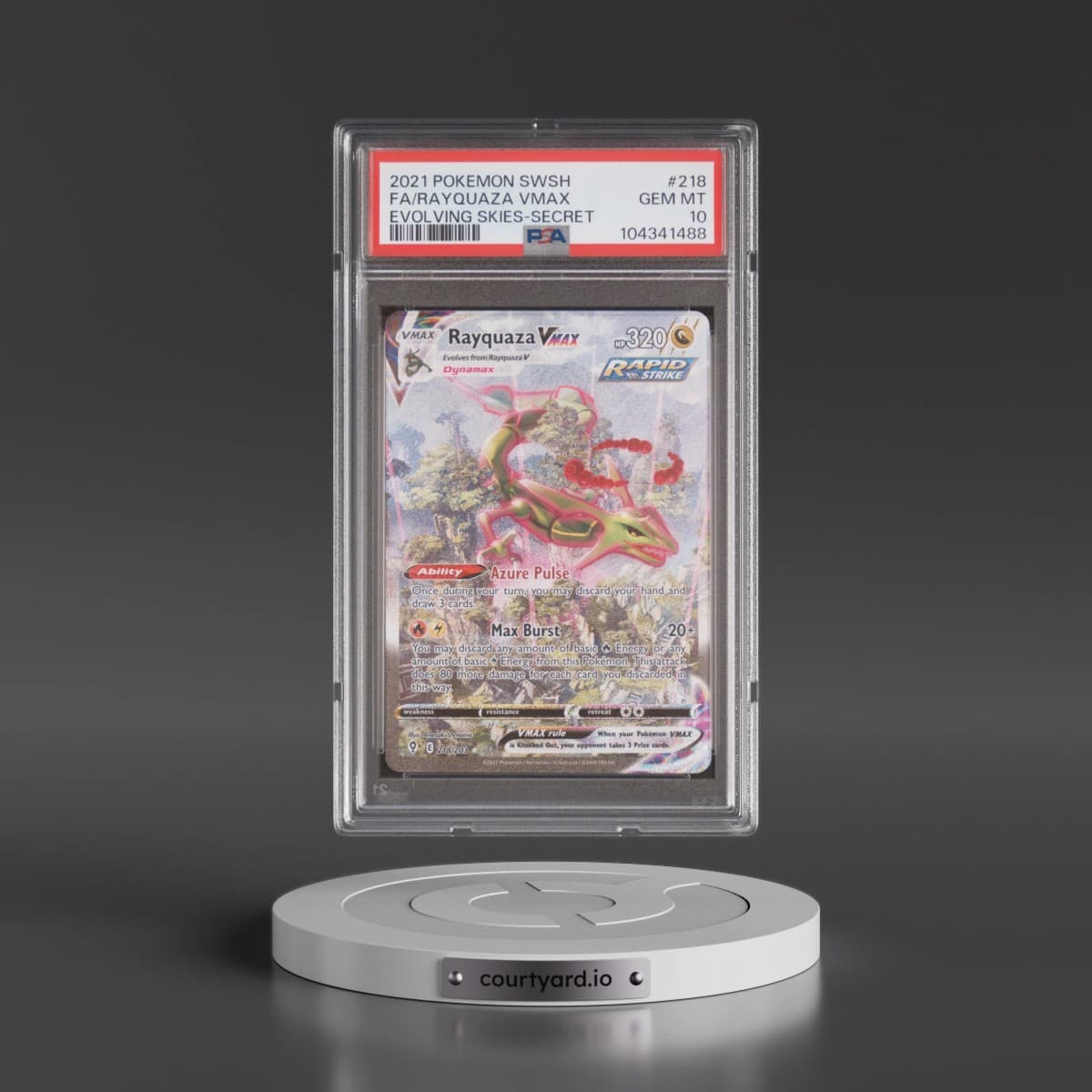 2021 Pokémon Sword & Shield Evolving Skies #218 Rayquaza Vmax - Full Art Secret (PSA 10 GEM MINT)