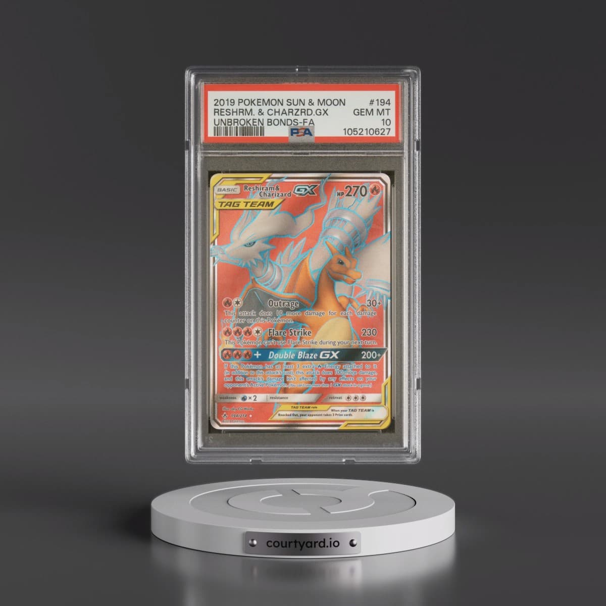 2019 Pokémon Sun & Moon Unbroken Bonds #194 Reshiram & Charizard GX - Holo Full Art (PSA 10 GEM MINT)