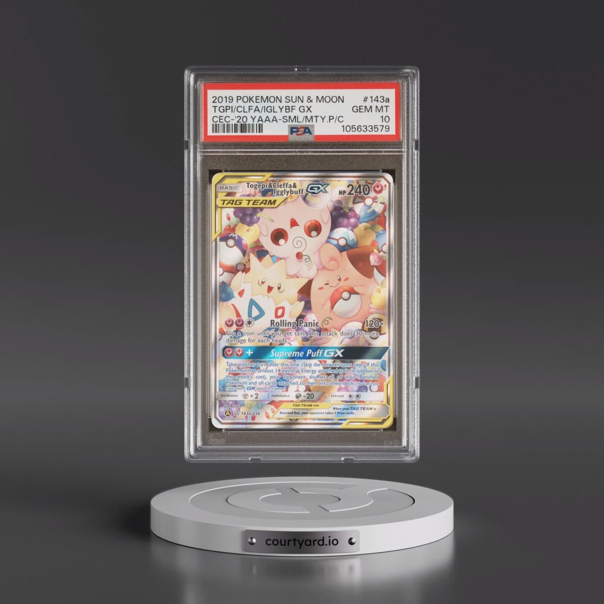 2019 Pokémon Sun & Moon Cosmic Eclipse #143a Togepi & Cleffa & Igglybuff GX - Holo 2020 Yellow A Alternate Art Small But Mighty Premium Collection (PSA 10 GEM MINT)