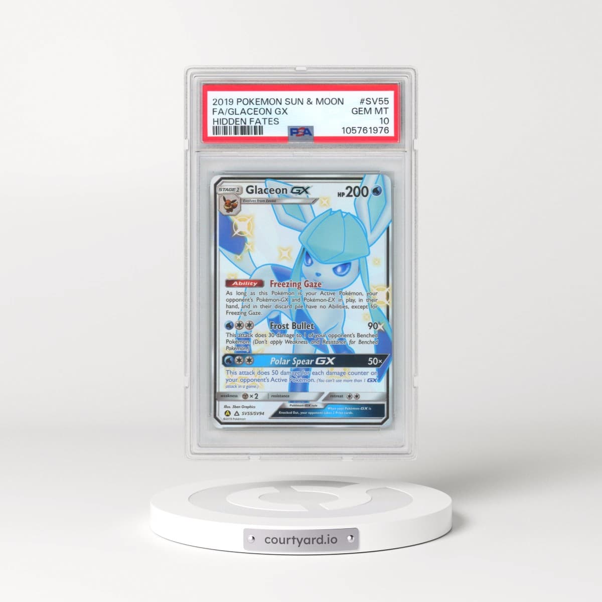 2019 Pokémon Sun & Moon Hidden Fates #SV55 Glaceon GX - Holo Full Art (PSA 10 GEM MINT)