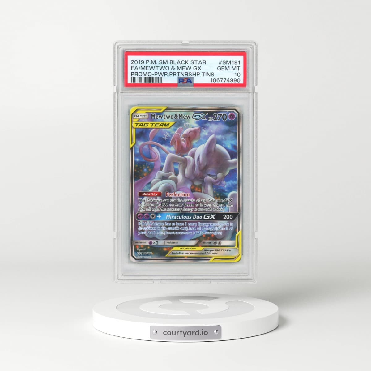 2019 Pokémon SM Black Star Promo #SM191 Mewtwo & Mew GX - Holo Full Art Power Partnership Tins (PSA 10 GEM MINT)