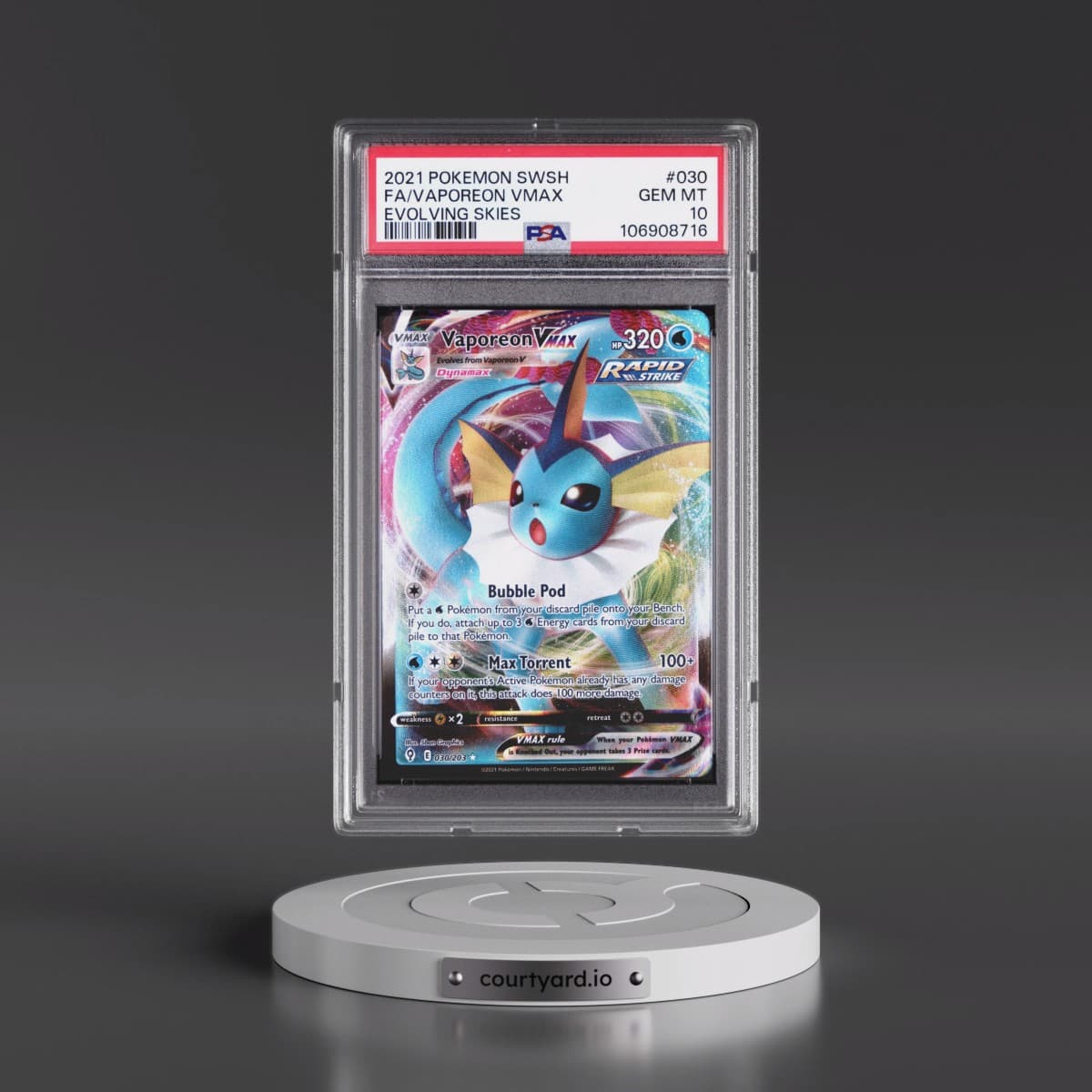 2021 Pokémon Sword & Shield Evolving Skies #030 Vaporeon Vmax - Full Art (PSA 10 GEM MINT)