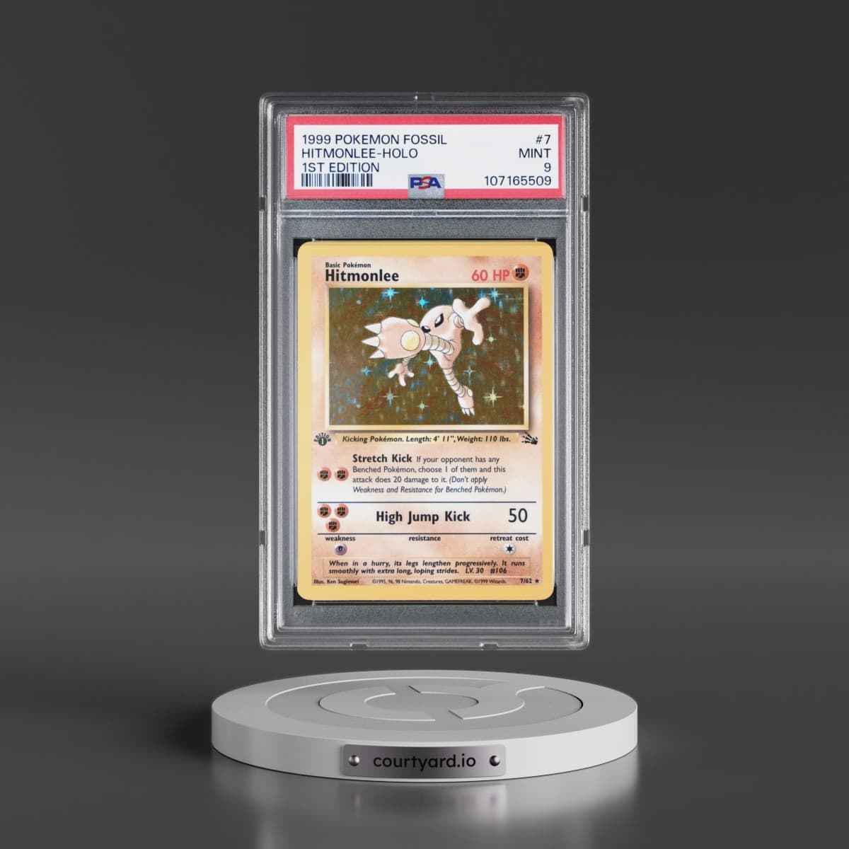 1999 Pokémon Fossil #7 Hitmonlee - 1st Edition Holo (PSA 9 MINT)